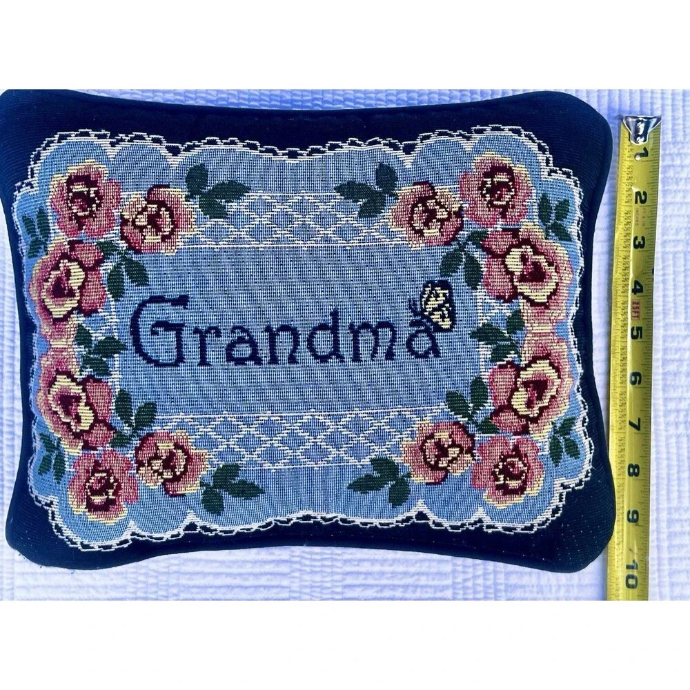 Vintage 1990s Grandmillennial Floral Jacquard Throw Pillow Roses Cottage Core